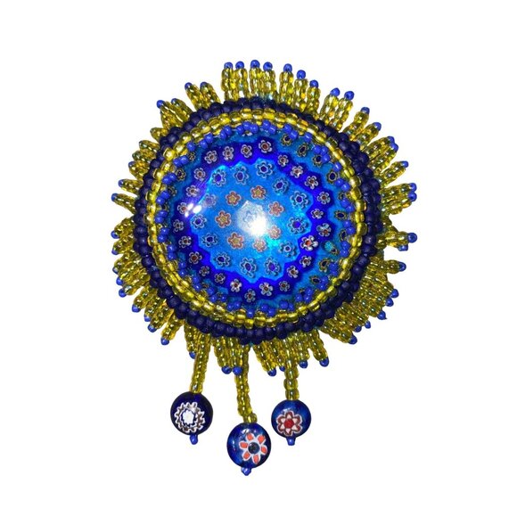 Brooch Millefiori Beads Pin Handmade Fringe Dangle - Picture 1 of 2